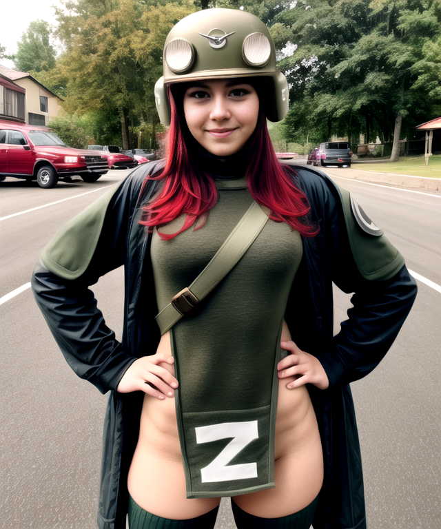 buhanka, cosplay, photo of a cute girl, helmet, red hair, thighhighs, short hair, hands on hips,  loincloth, military unif...